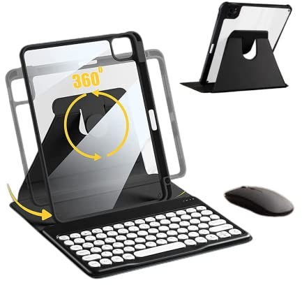 AnMengXinLing Keyboard Case for iPad Air 11 inch 2025(M3)/2024(M2)/ Air 5th 4th Generation/Pro 11 Case with Mouse, Rotating Cover with Pencil Holder& Round Key Keyboard Mouse Set, Black