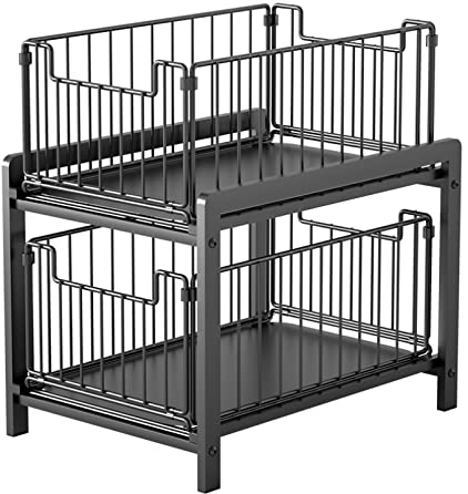 Wuudi 2 Tier Sliding Baskets Cupboard Organiser, Kitchen Cupboard Cabinet Organizer Basket, Pull-Out Mesh Baskets Drawer, Under Sink Extendable Steel Drawers