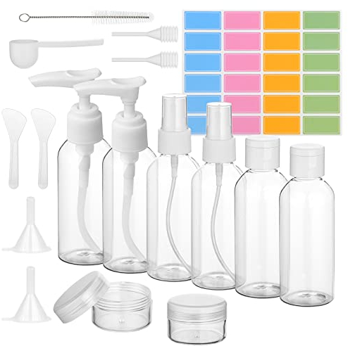flintronic 6Pack Transparent Travel Bottles, 80ML Refillable Travel Bottles, Travel Bottles Set for Toiletries Shampoo Cosmetic Liquid with 2*Cream Box,2*Dropper,2*Funnel,2*Sheet Label,1*Brush