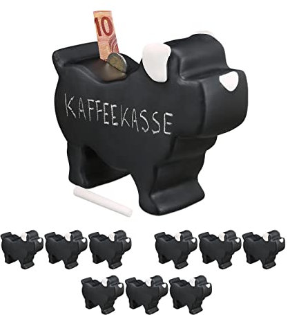 Relaxdays 10 x Spardose, Hund, Keramik mit Tafellack, mit Kreide, Sparschwein zum Beschriften, HBT: 17 x 8,5 x 20 cm, schwarz