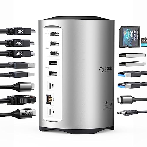 ORICO 15 en 1 Multipuerto Hub USB C Triple Monitores con 100W PD, 2 USB-A 3.0+4 USB-A 2.0, USB-C 3.0, SD/TF, 3 HDMI 4K@60Hz, 3.5mm AUX, RJ45, Adaptador USB C para MacBook Pro M1 M2/Thinkpad/DELL/HP