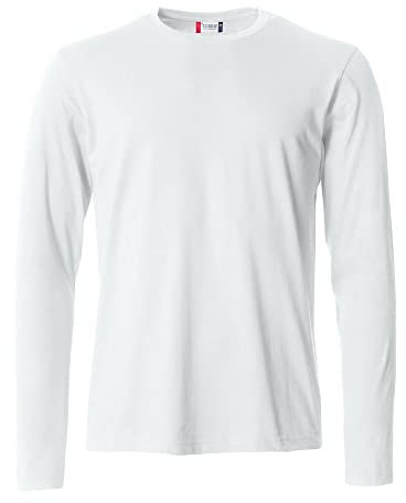Clique - Men's Long Sleeve T-Shirt Basic-T L/S, Cotton Jersey, Elastic Collar, Sweatband, Slim-Fit Fit, White, XS