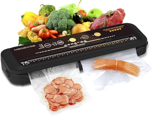 MEGAWISE Vacuum Sealer Machine for Food, 80 kPa Vacuum Packing Machine with Built-In Cutter, Dry and Moist Modes, External Vacuum Hose and 10 Bags for Sous Vide, Meal Prep and Freezer Storage