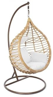 DRW Sillon Colgante de Jardin de Ratan Sintetico de 120 kgs de Peso Maximo Blanco y Natural 137X66X70,5 cm