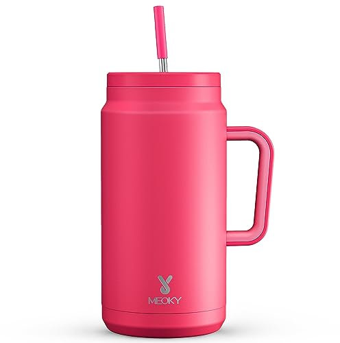 Meoky 50 oz Tumbler with Handle and Straw, Stainless Steel Vacuum Insulated Tumbler with Lid and Straw, Keeps Cold for 36 Hours, 100% Leak-proof, BPA-Free, Non-slip Base (Ruby)