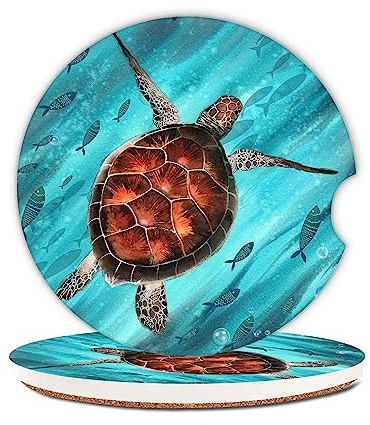 Colorful Ocean Turtle Fish Car Cup Holder Coasters,Ceramic Absorbent Cup Holders with Finger Notch & Cork Base Car Assecories for Women/Men 2.6(2 Pieces)