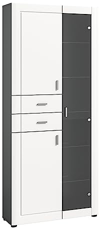 xonox.home - Stauraumvitrine Lago 80x194x34 cm in Front weiß matt Tiefzieh Korpus grau Melamin - Vitrine Glasschrank Schrank Wohnen - modern und funktional