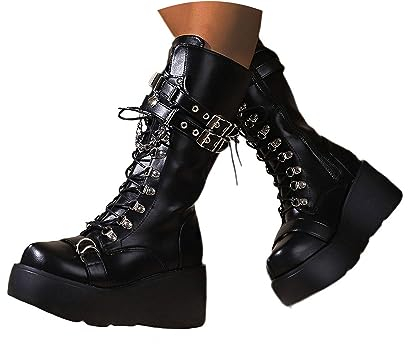 tinetill Stivali Donna Stivali con Plateau Punk Gotico Zeppe Stivali Alti Al Ginocchio Stivali con Zeppa Goth Stivali Invernali Stivali da Cavaliere con Cerniera Stivali con Tacco Grosso