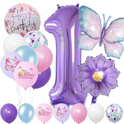1 Jahre Set - Zahl Folienballon,22 Stück Blau Lila Geburtstagsdeko,Schmetterling Blumen Ballon,Kindergeburtstag Party Deko Zahl 1 Luftballon für Mädchen Jungen Geburtstags Festival Party Dekoration