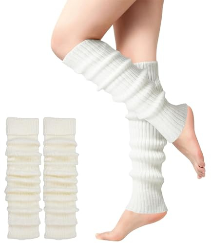 MUNSKT 1 pair of Leg Warmer for Women Girls, Black or white Soft Winter Knit Socks Athletic Stretch Knee High Women's Leg Warmer, 80/90s Party Neon Ballet Dance, Ice Skating Accessories (White)