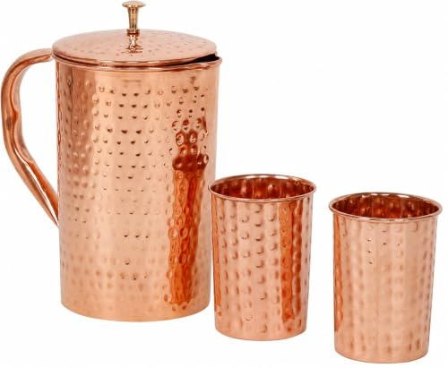 SHYAMVUN Set of 2 drinking water glasses with 1 copper jug, the large Ayurveda product (hammered) 1.5 L
