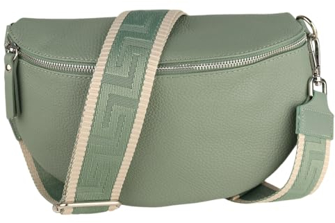 MIRROSI® Bauchtasche Damen, Echtleder, Made in Italy, Umhängetasche, Brusttasche, Crossbody Bag (1 Tasche & 2 Gurte) (Mint (Uni Mint Beige), Große Tasche (28x18x9cm))