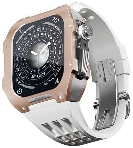 BRART Kit de modificación de reloj para Apple Watch 6 5 4 SE 44 mm caja de titanio+correa Viton, estuche de lujo y kit de modificación de banda (color: blanco 8, tamaño: 44 mm), 44MM, Agate