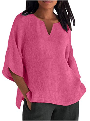 TRIGLICOLEUM Chemisiers et tuniques pour femme vintage coton lin chemisier été col en V pull uni manches 3/4 t-shirt décontracté haut léger chemisier en lin tunique hauts t-shirts S à XXL, Z1 rose.,