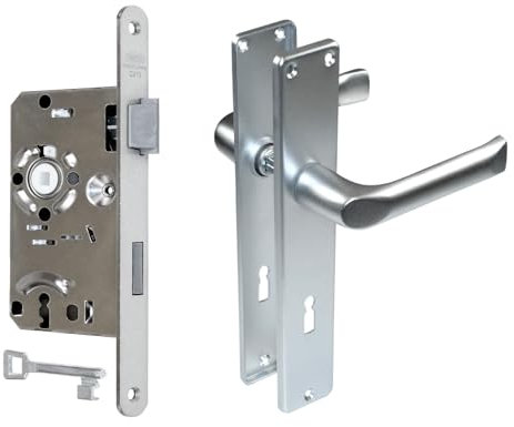 BKS Zimmertür/Wohnungstür/Badezimmer Komplett Set, inclusive Aluminium Schild Beschlag (BB Buntbartschlüssel, DIN RECHTS, Langschild 215mm x 40mm)