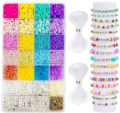 Byitin 3mm Perlen für Armbänder (6600Pcs), 28 Farben Glasperlen zum Auffädeln, Mit Pearl und Buchstaben Perlen Set für Erwachsene Schmuck Selber Machen