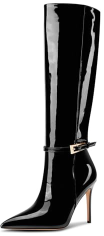 Aachcol Donna Altezza Ginocchio Stivali a Punta Spillo Alto High Tacco Heel Alto Fibbia Sexy Stivali lunghi Inverno Nero 45 EU
