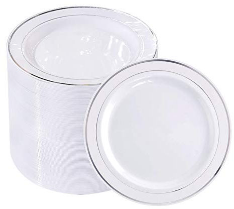 25 Pieces 7.5 Inches / 10.25 Inch Reusable White Plastic Plates Reusable Round Plastic Plates with Gold/Silver/Rose Gold Rim Wedding Party Plates/Salad Plates (7.5 Inches, Silver)