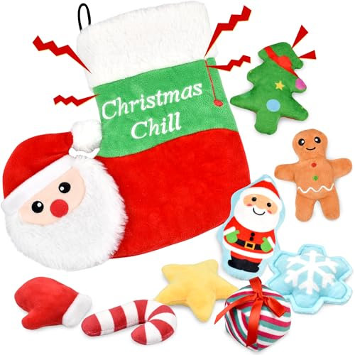 LECHONG 9 Pack Weihnachten Hundespielzeug Set, 8 gefüllte Hund Quietsche Spielzeug mit Hundespielzeug Lagerung Weihnachten Socke für kleine Hunde und Welpen, Weihnachten Spielzeug Geschenk für Hunde