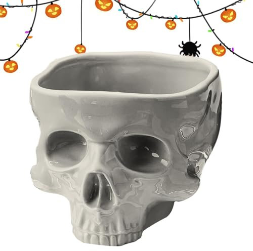 Ponchera con cabeza de calavera de Halloween - Plato de cerámica para servir dulces | Dispensador de utensilios en forma de esqueleto, bandeja de dulces y refrigerios para fiestas, decoraciones de mes
