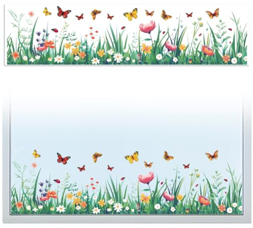 Peacoblue Fensterbilder Selbstklebend 120cm x 30cm, 1 Blatt Blumen- und Schmetterlingsmuster, dekorativer, abnehmbarer Fensteraufkleber für die Dekoration von Glasfenstern zu Hause, im Büro