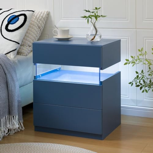 ToolArtess Nachttisch mit LED Licht Blau Nachttische Nachtschrank mit 3 Schubladen Nachtkommode für Schlafzimmer