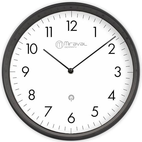 Miraval Design Funk-Wanduhr, 250 mm, Kunststoffgehäuse, weißes Zifferblatt, Quarzuhrwerk, DCF77-Funksignal (Schwarz)