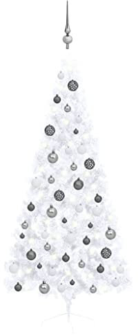 Albero di Natale a Metà Preilluminato con Palline Bianco 180 cm,Albero di Natale artificiale bianco da parete con luci LED e decorazioni, per interni, 180 cm Alberi di natale artificiali