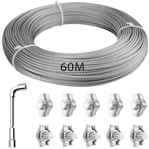 KOMABLEN Câble métallique en acier inoxydable 304 - 60 m - Avec 10 serre-câbles - Câble en acier de 2 mm - Avec clé plate - 7 x 7 torons - Corde à linge pour plantes grimpantes, tente, lumières