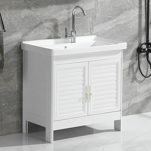 Fregadero independiente con fregadero de cerámica y grifo de agua fría caliente, color blanco (27.9 x 18.9 pulgadas) para lavandería, lavadero, garaje, sótano, hotel, RV