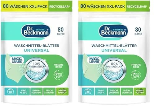 Dr. Beckmann MAGIC LEAVES Waschmittel-Blätter UNIVERSAL | vordosierte & wasserlösliche Waschblätter | platzsparend und leicht anzuwenden | 80 Blätter (Packung mit 2)