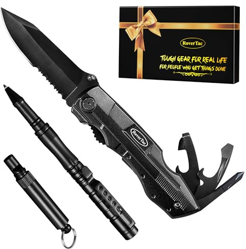 RoverTac Werkzeug-Geschenkset, Multitool Taschenmesser mit Zange, Stift mit Glasbrecher, Notfallpfeife, perfekt für Camping, Wandern, Überleben, Angeln, Geschenke für Männer