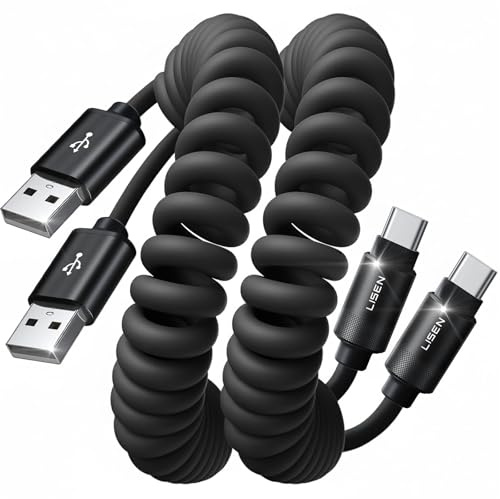 LISEN Câble USB-C Enroulé, 2 Pack pour Android Auto & CarPlay, Câble Court USB-A vers USB-C 1,2 m Compatible avec iPhone 17/16/15, Samsung Galaxy S25/S24/S23 A15/A14, Google Pixel 9/8, Moto, noir
