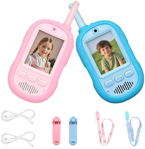 ELEDUTOY 2PCS Video Walkie Talkies for Kids, Camping Spy Toys | Hide and Seek, Backyard, Road Trips, Sleepovers, Spy Role Play ABS Rechargeable Camera - BluePink 136x56x26mm