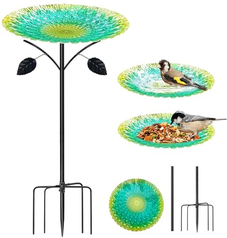 PORFOYO Abreuvoir pour oiseaux 2 en 1 - Station d'alimentation pour oiseaux - Abreuvoir à oiseaux debout avec 5 dents de base - Distributeur de nourriture pour oiseaux - Support extérieur de 83 cm