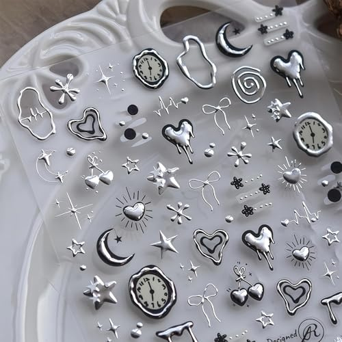 Cosblisvia 5D Nagelsticker Silber Metallic, Embossed Nail Art Aufkleber für Frauen Mädchen, Nagel Zubehör für Salon Party Maniküre DIY Dekoration (Herz Stern)