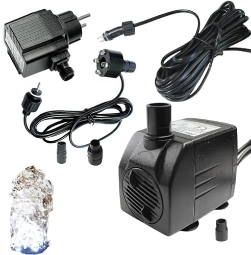 Arnusa Springbrunnenpumpe mit 1x LED Quellsteinbeleuchtung kaltweiß Spot Teichpumpe Wasserpumpe Bachlaufpumpe 12V IP44 Steckernetzteil (450 l/h)