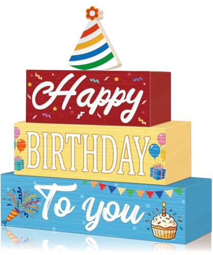 Doodlream 4 Pcs Happy Birthday Wooden Table Decor, Colorful Wooden Sign for Desk, Birthday Stacked Block Centerpiece Tabletop Decorations for Tiered Tray, Home, Party Decor, Gift