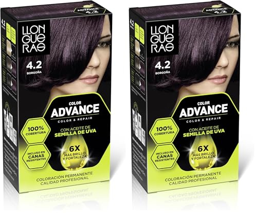 Llongueras Color Advance Tinte Pelo Mujer Coloración Permanente 100% Cobertura Incluso En Canas Resistentes - Tono 4.2 Borgoña (Paquete de 2)