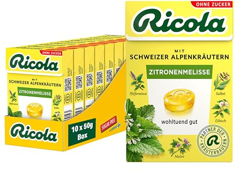 Ricola Zitronenmelisse, 10 Böxli Original Schweizer Kräuter-Bonbons mit 13 Alpenkräutern & erfrischendem Zitronen-Geschmack, zuckerfrei, 10 x 50g, vegan