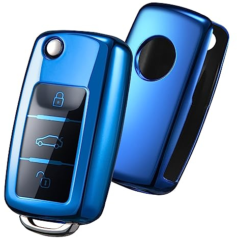 OATSBASF Autoschlüssel Hülle VW, VW Golf Schlüsselbox,Schlüsselhülle Cover für VW Polo Passat Skoda Seat 3-Tasten (Blau)