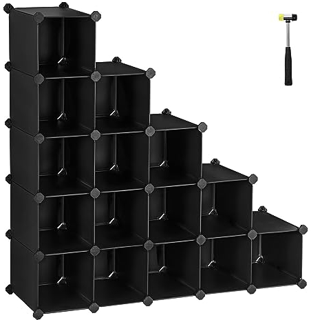 SONGMICS 16-Cube Storage Unit, Shoe Rack, DIY Shelving System, Stackable Cubes, PP Plastic Shelf, Wardrobe, Closet Divider, for Bedroom, Office, 30 x 111.2 x 86.2 cm, Black LPC44HV1