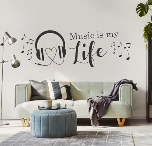 tjapalo® a32 Musik Deko Wandspruch Wandtattoo Musik Wandtattoo Wohnzimmer Sprüche Musikspruch Jugendzimmer Musik ist mein Leben Wandtattoo Music is my Life, Größe: B120xH37cm, Farbe: schwarz