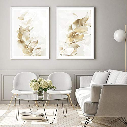 Abstrakte geometrische Wandkunst Boho Golden Eukalyptus Blätter Beige Leinwand Gemälde Poster Druck Bild Wohnzimmer Dekor 50 x 70 cm x 2 rahmenlos