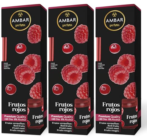 Ambar Perfums Ambientador Mikado Frutos Rojos. Ambientador de Varillas 0% Alcohol, +60 días duración. (Pack 3 uds. x 45 ml)