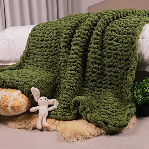 Carriediosa Chunky Knit Throw Blanket 50 X 60, 100% Hand Made Large Chenille Loop Yarn Soft Fluffy Throws for Couch Sofa Bed, Big Crochet Cozy Heavy Thick Cable Woven Blanket, Olive Green