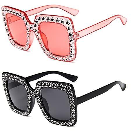 TSHAOUN 2 Stück Mode Sonnenbrillen,Vintage Rechteckige Sonnenbrille für Damen und Herren,Übergroße Diamant Sonnenbrille Quadrat Retro Schutz Outdoor Brille,Für Den Einkauf Reisen(2 Pack) (2 Pack)
