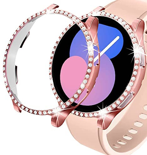 DEALELE Lot de 2 coques de protection antichocs compatibles avec Samsung Galaxy Watch FE / 5/4 de 40 mm, coque de protection antichoc à une rangée de diamants (40 mm, rose + transparent)