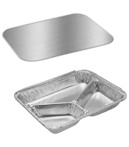 JMS we create smile (𝐒𝐞𝐭 𝐎𝐟 𝟏𝟎𝟎) 3 Compartment Aluminium Foil Containers Tray with Lid Takeaway Foil Food Containers for Cooking, Food Storage BBQ, Baking, Catering Trays