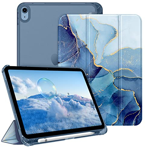 Fintie Hülle für iPad (A16) 11 Generation 11 Zoll 2025, iPad 10 Generation 10.9 Zoll 2022 mit Stifthalter - ultradünne leichte Schutzhülle mit transparenter Rückseite, Auto Schlaf/Wach, Marmor Blau